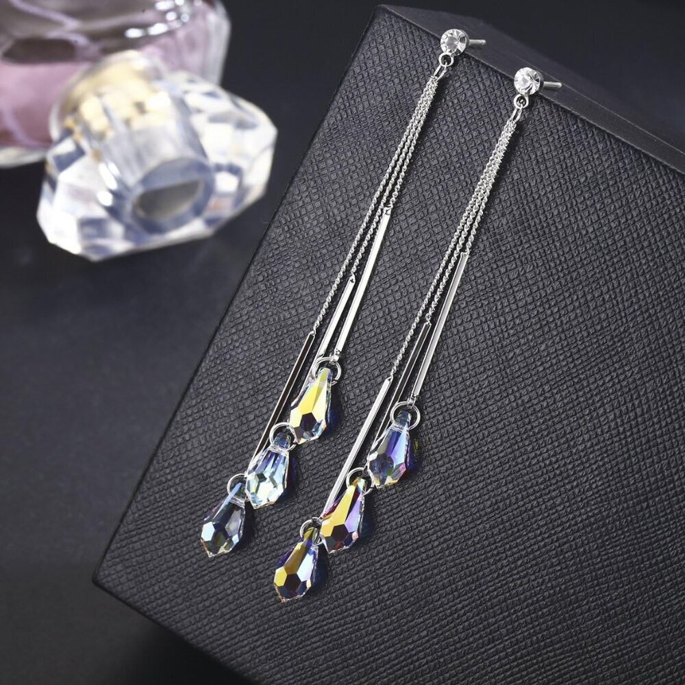 Women Crystal Earrings Aurora Borealis Long Platinum Plated Elegant Gift - Picture 3 of 6